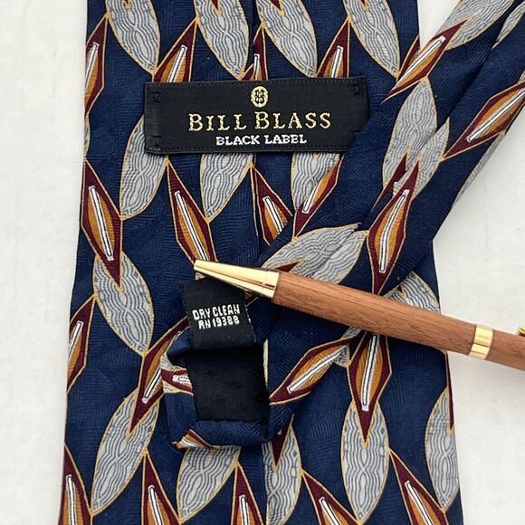 Vintage Bill Blass Black Label Silk Tie 4" x 58" Navy Gold Burgundy Necktie - Picture 4 of 4